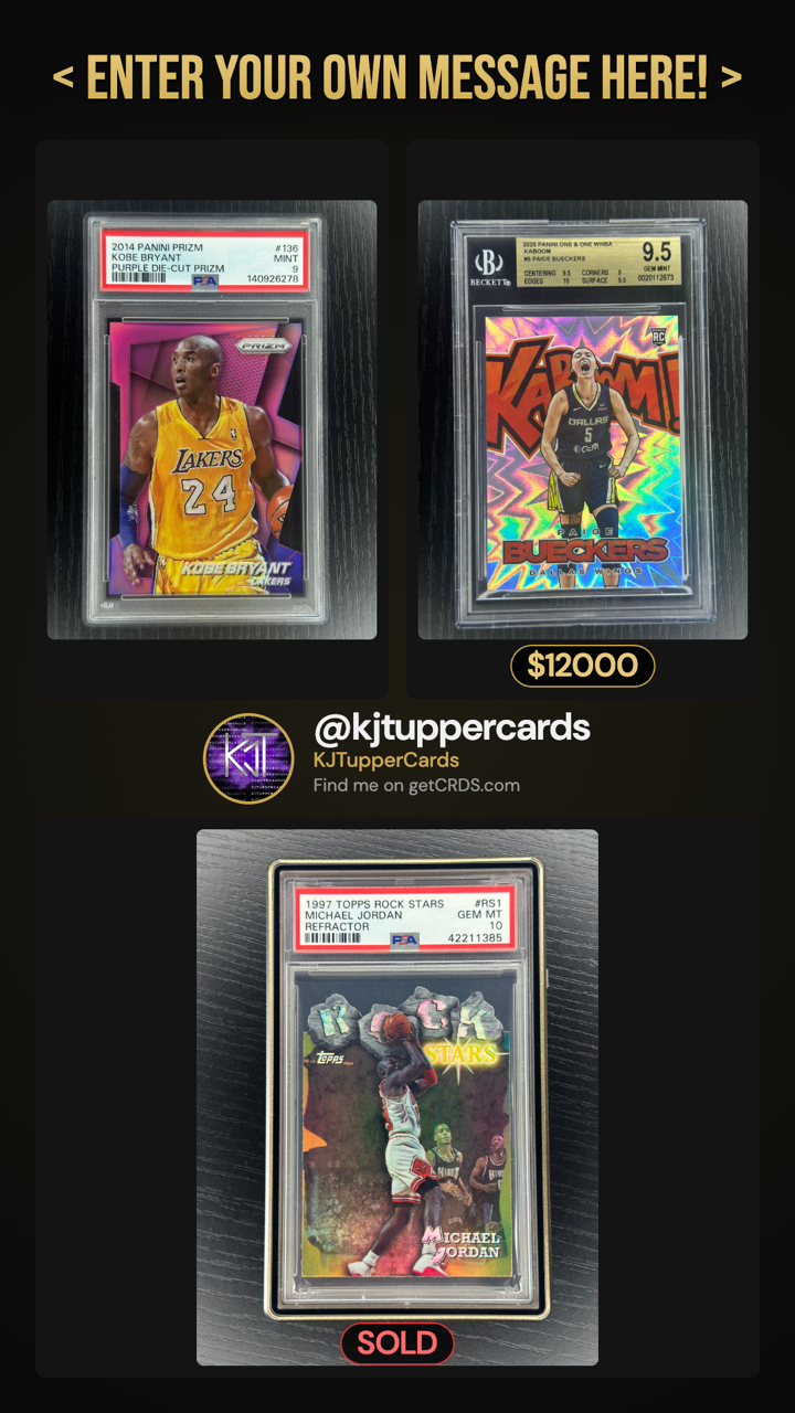 Real IG Story generated from CRDS — three cards from @kjtuppercards inventory with custom headline